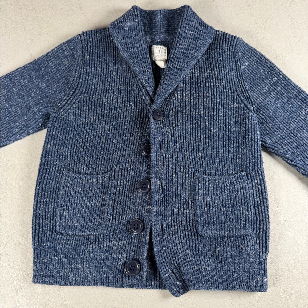 Baby GAP Heathered Blue Shawl Collar Cardigan Sweater 18-24 months 5 Button